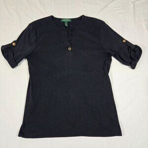 Lauren‎ Ralph Lauren Black Cotton Henley Shirt Button-Tab Sleeves Womens Medium